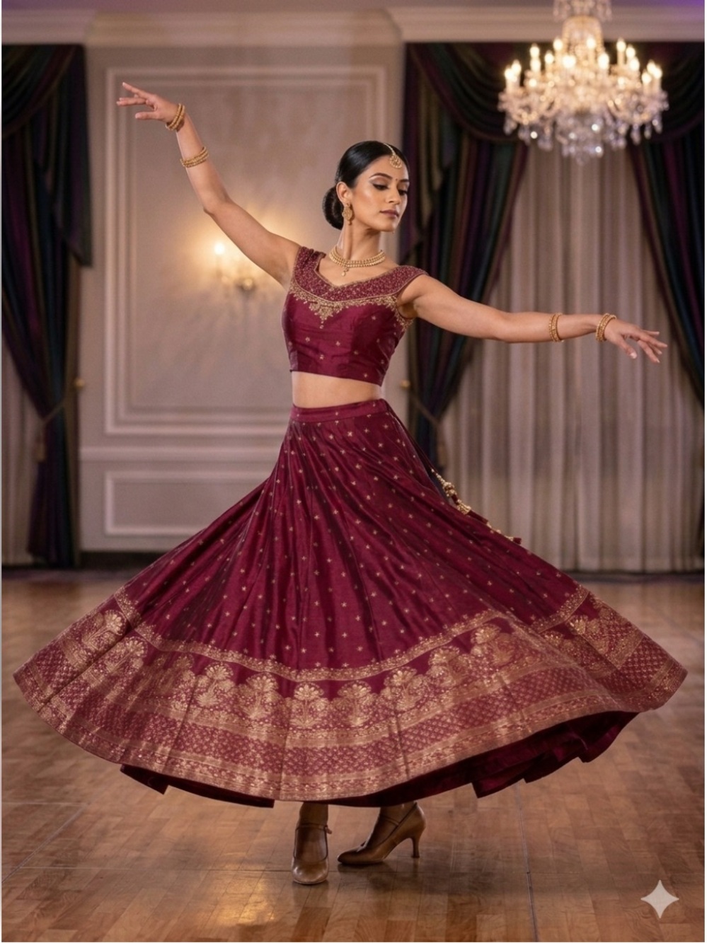 Wine red indian pakistani Embellished lehenga Set with Gold Trim